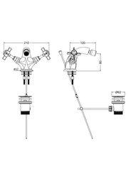 Nuie Beaumont Bidet Mixer with Pop Up Waste dimensioned technical drawing (I806X)