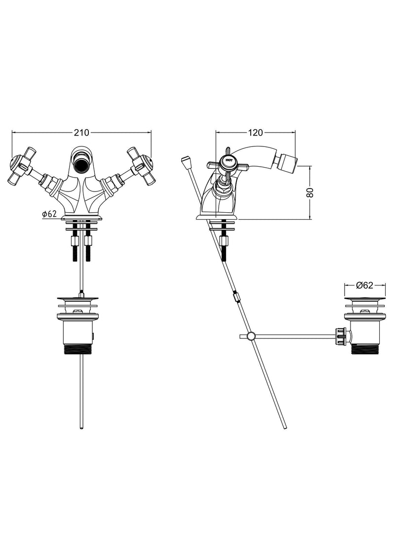 Nuie Beaumont Bidet Mixer with Pop Up Waste dimensioned technical drawing (I306X)