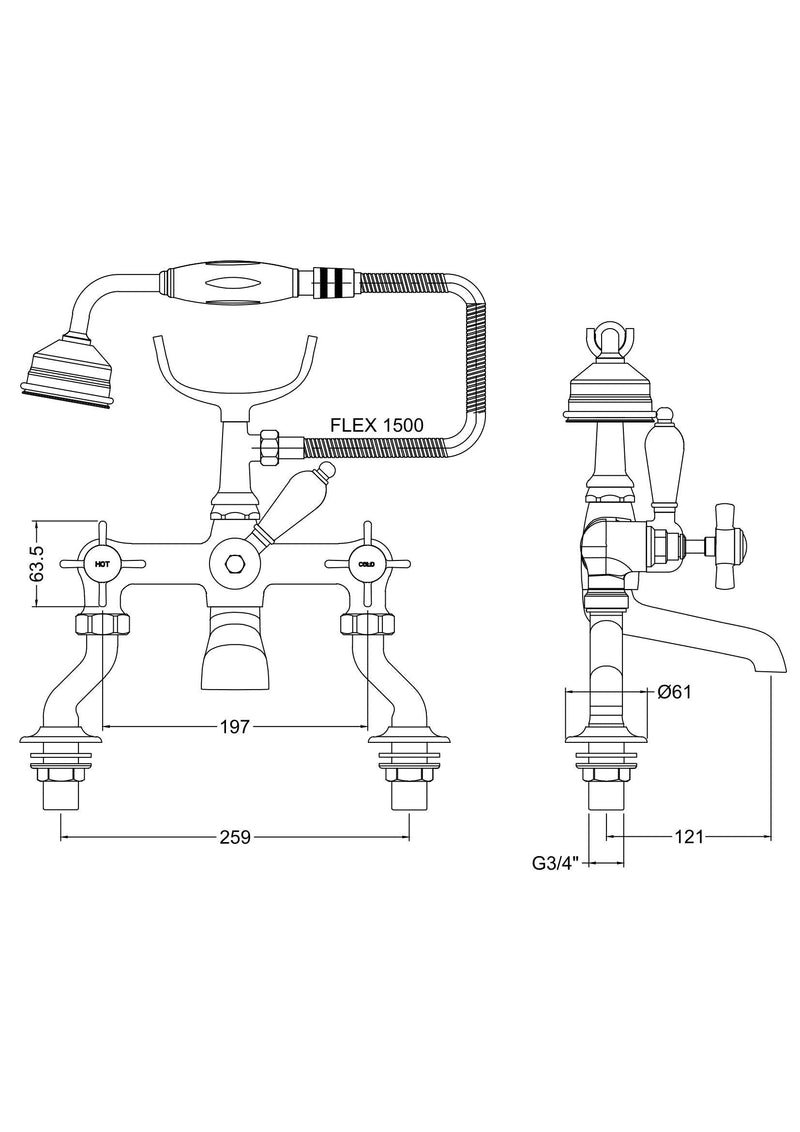 Nuie Beaumont Luxury 3/4" Cranked Bath Shower Mixer dimensioned technical drawing (I803X)