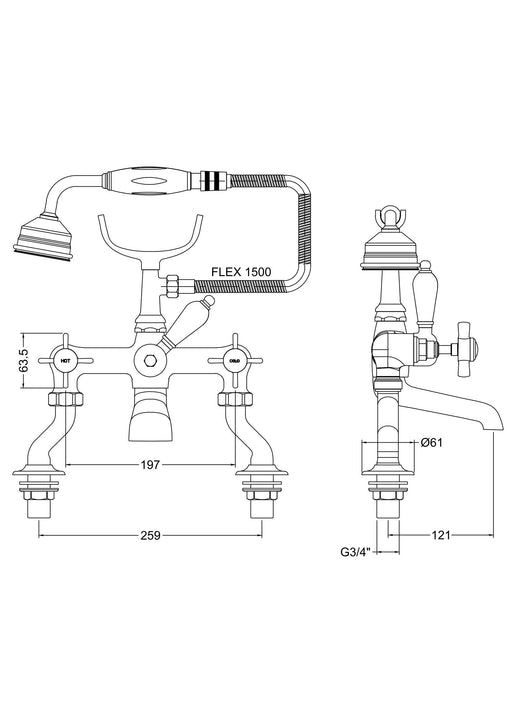 Nuie Beaumont Luxury 3/4" Cranked Bath Shower Mixer dimensioned technical drawing (I303X)