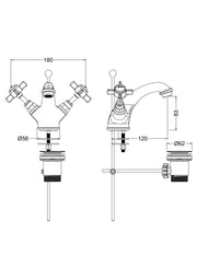 Nuie Beaumont Luxury Mono Basin Mixer with Pop Up Waste dimensioned technical drawing (I805X)