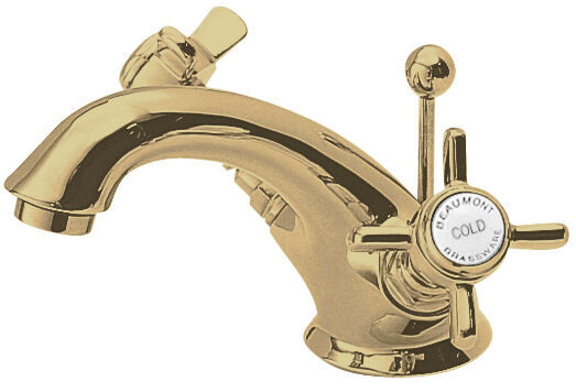 Nuie Beaumont Luxury Mono Basin Mixer with Pop Up Waste in brushed brass with crosshead handles (I805X)