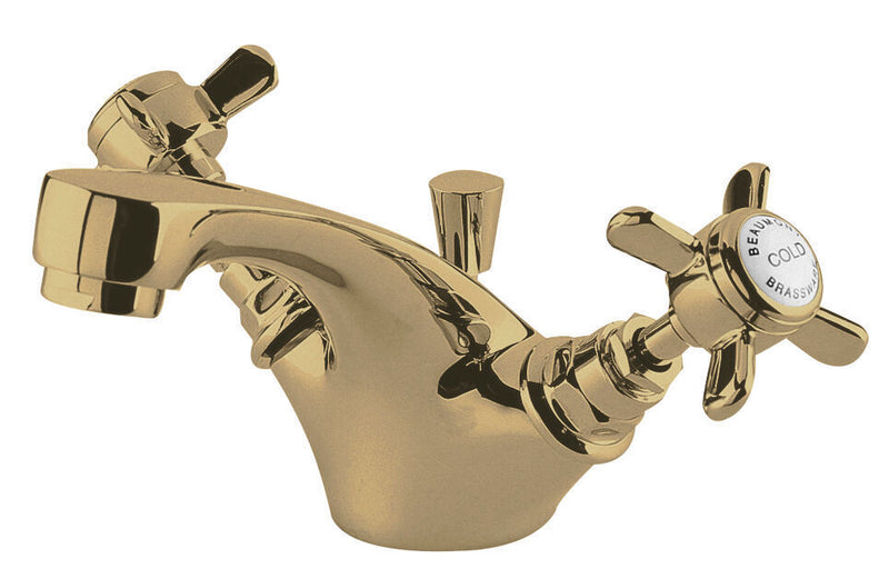 Nuie Beaumont Mono Basin Mixer with Pop Up Waste in brushed brass with crosshead handles (I845X)