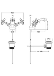 Nuie Beaumont Mono Basin Mixer with Pop Up Waste dimensioned technical drawing (I345X)