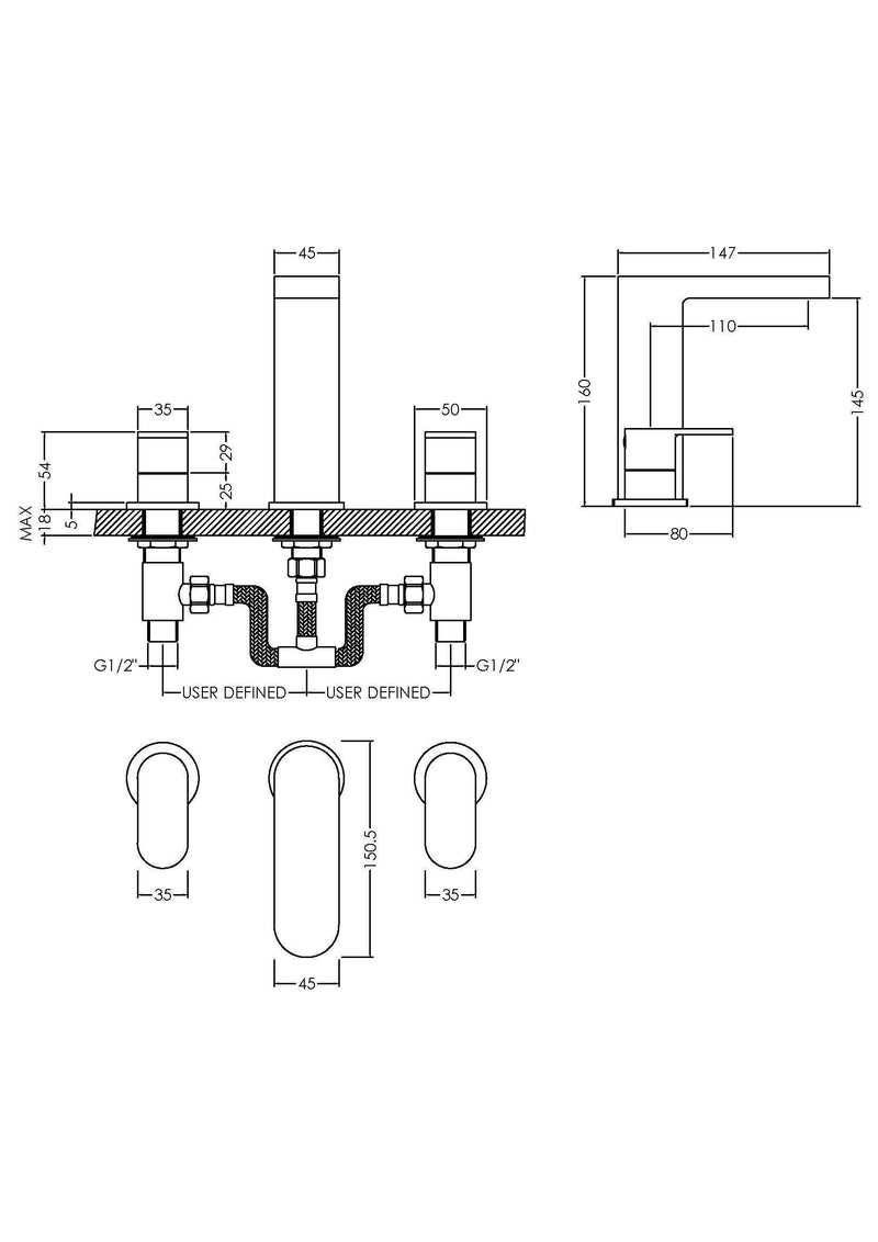 Nuie Binsey 3 Tap Hole Deck Basin Mixer With Pop Up Waste Chrome dimensions diagram BIN337