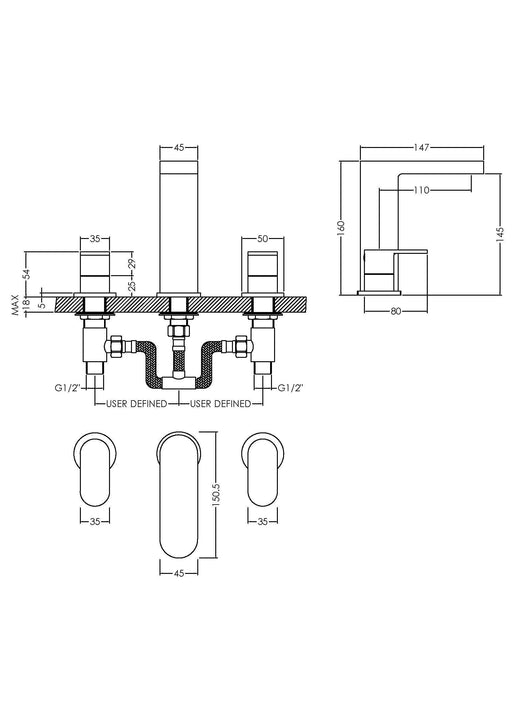 Nuie Binsey 3 Tap Hole Deck Basin Mixer With Pop Up Waste Chrome dimensions diagram BIN337