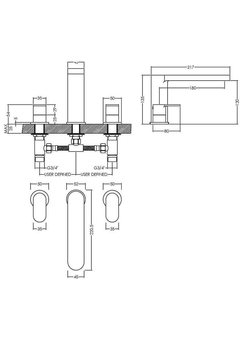Nuie Binsey 3 Tap Hole Deck Mounted Bath Filler Chrome dimensions diagram BIN333