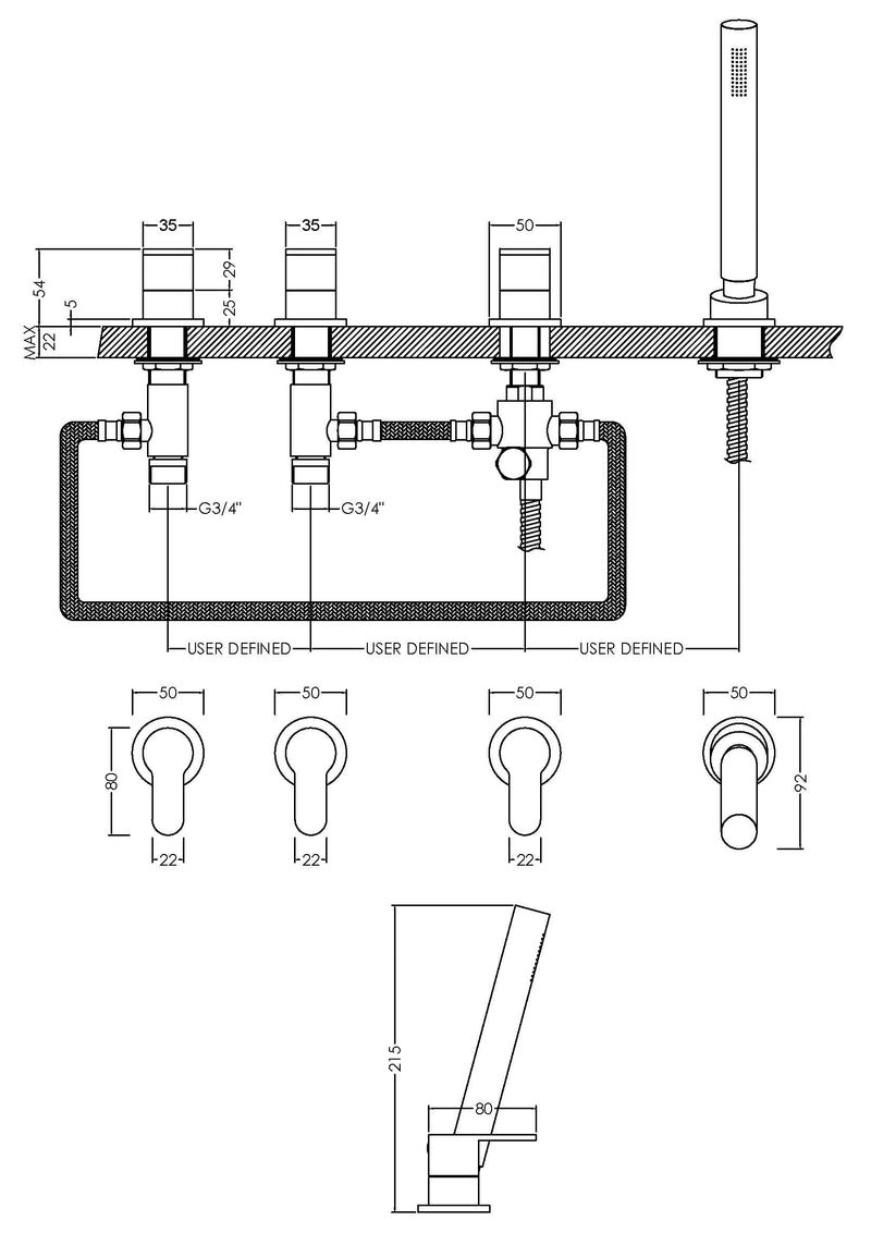 Nuie Binsey 4 Tap Hole Deck Mounted Bath Shower Mixer No Spout Chrome dimensions diagram BIN334