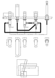Nuie Binsey 5 Tap Hole Deck Mounted Bath Shower Mixer Chrome dimensions diagram BIN314