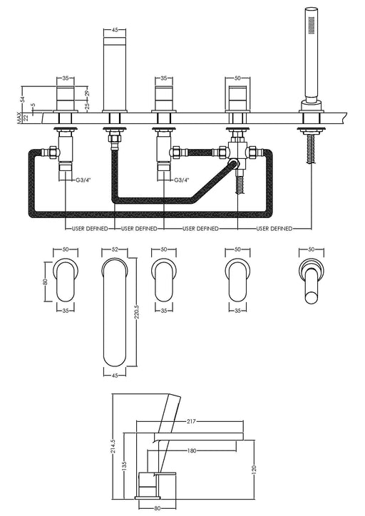 Nuie Binsey 5 Tap Hole Deck Mounted Bath Shower Mixer Chrome dimensions diagram BIN314