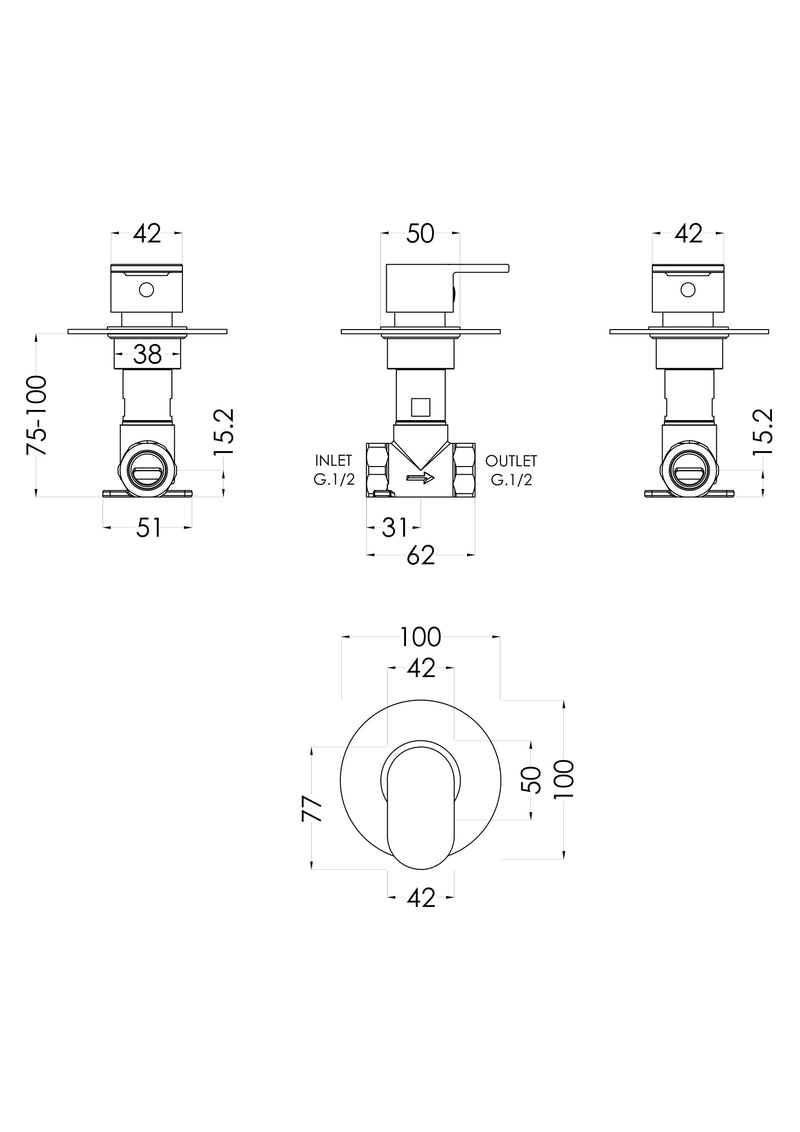 Nuie Binsey Concealed Stop Tap Chrome dimensions diagram BINST10