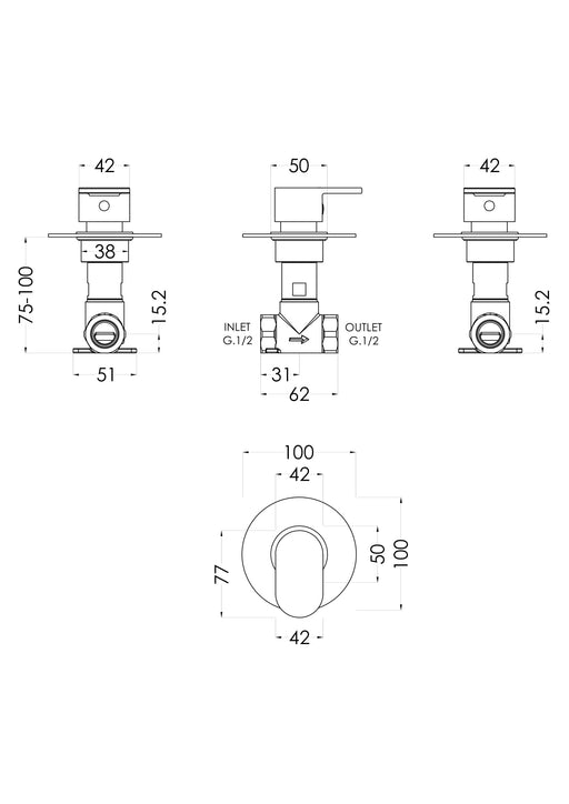 Nuie Binsey Concealed Stop Tap Chrome dimensions diagram BINST10