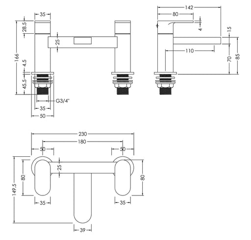 Nuie Binsey Deck Mounted Bath Filler Chrome dimensions diagram BIN303