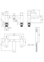 Nuie Binsey Deck Mounted Bath Shower Mixer with Kit Chrome dimensions diagram BIN304
