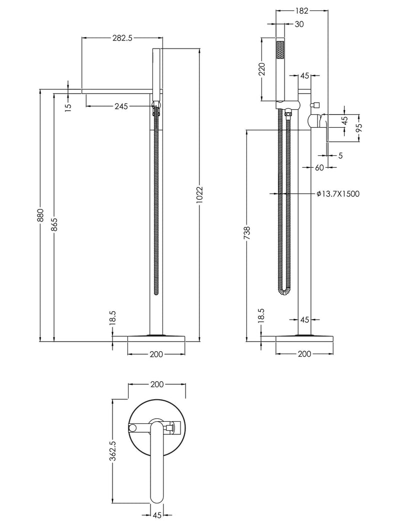 Nuie Binsey Freestanding Bath Shower Mixer Chrome dimensions diagram BIN321