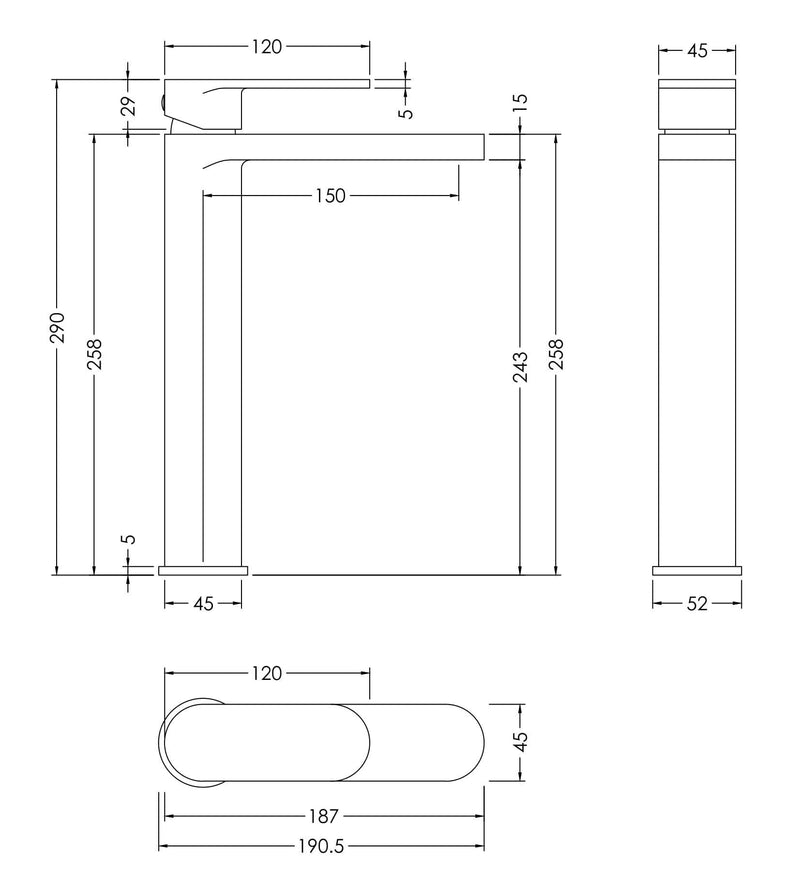Nuie Binsey High Rise Mono Basin Mixer Matt Black dimensions diagram BIN470