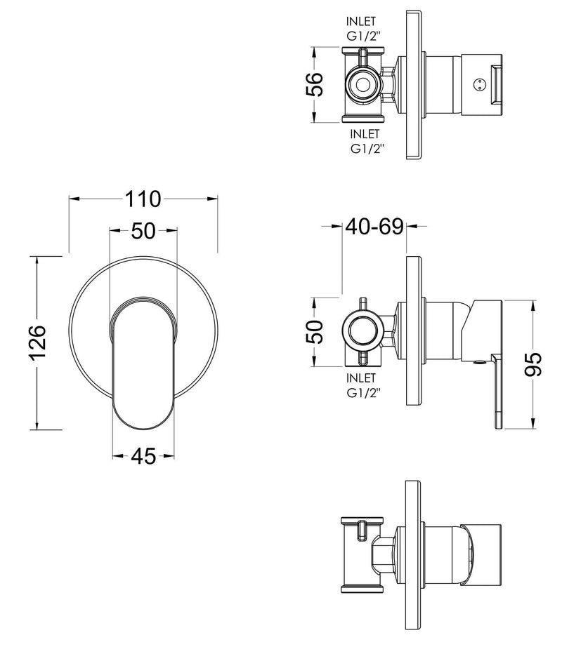 Nuie Binsey Manual Shower Valve Chrome dimensions diagram BINMV10