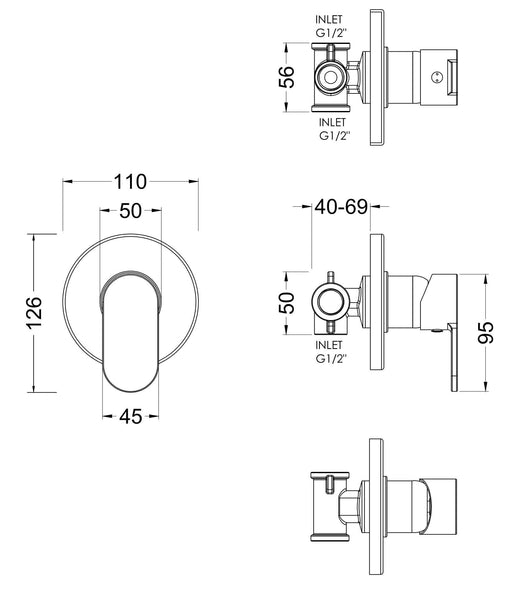 Nuie Binsey Manual Shower Valve Chrome dimensions diagram BINMV10