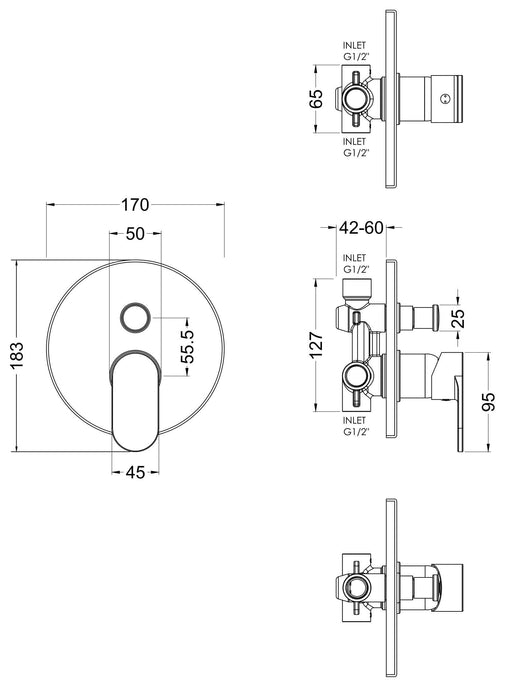 Nuie Binsey Manual Shower Valve With Diverter Chrome dimensions diagram BINMV12