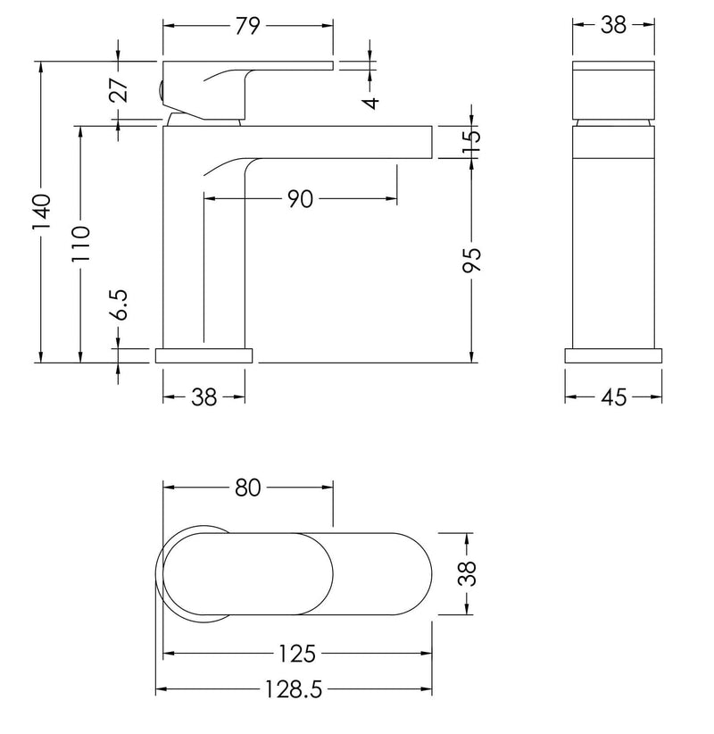 Nuie Binsey Mini Basin Mixer With Push Button Waste Chrome dimensions diagram BIN315