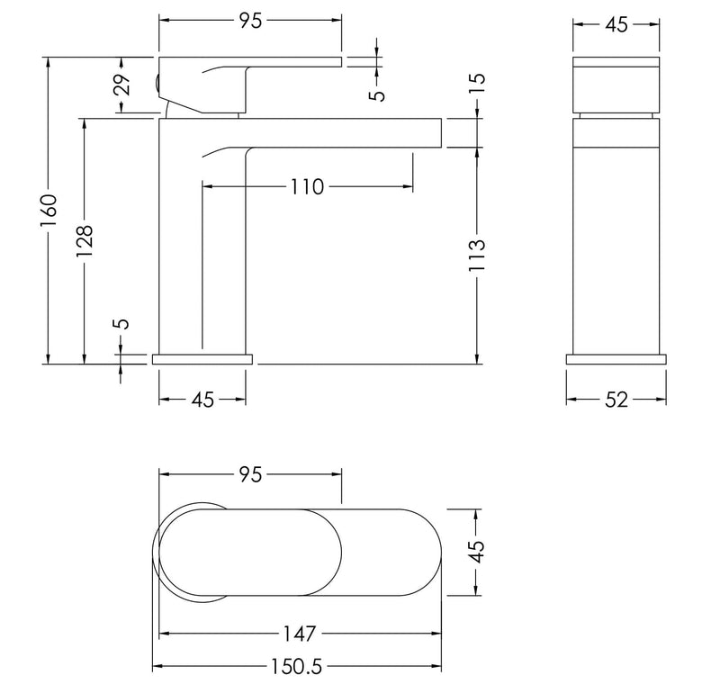 Nuie Binsey Mono Basin Mixer With Push Button Waste Matt Black dimensions diagram BIN405