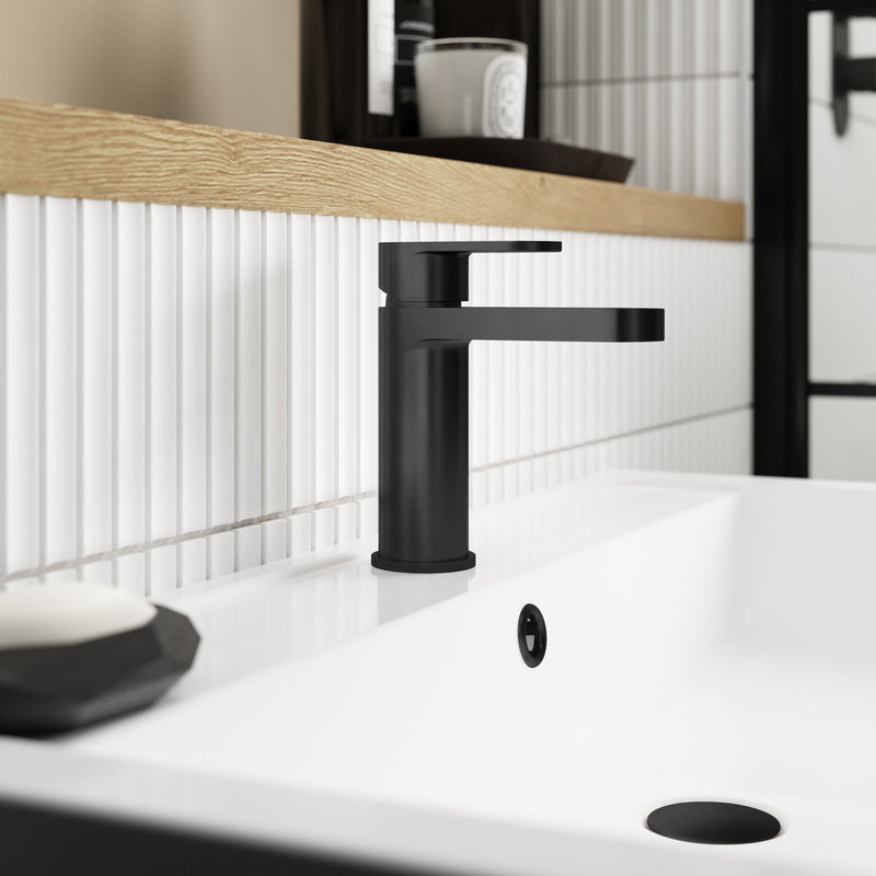 Nuie Binsey Mono Basin Mixer With Push Button Waste Matt Black lifestyle image