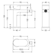 Nuie Binsey Mono Bidet Mixer With Pop Up Waste Chrome dimensions diagram BIN306