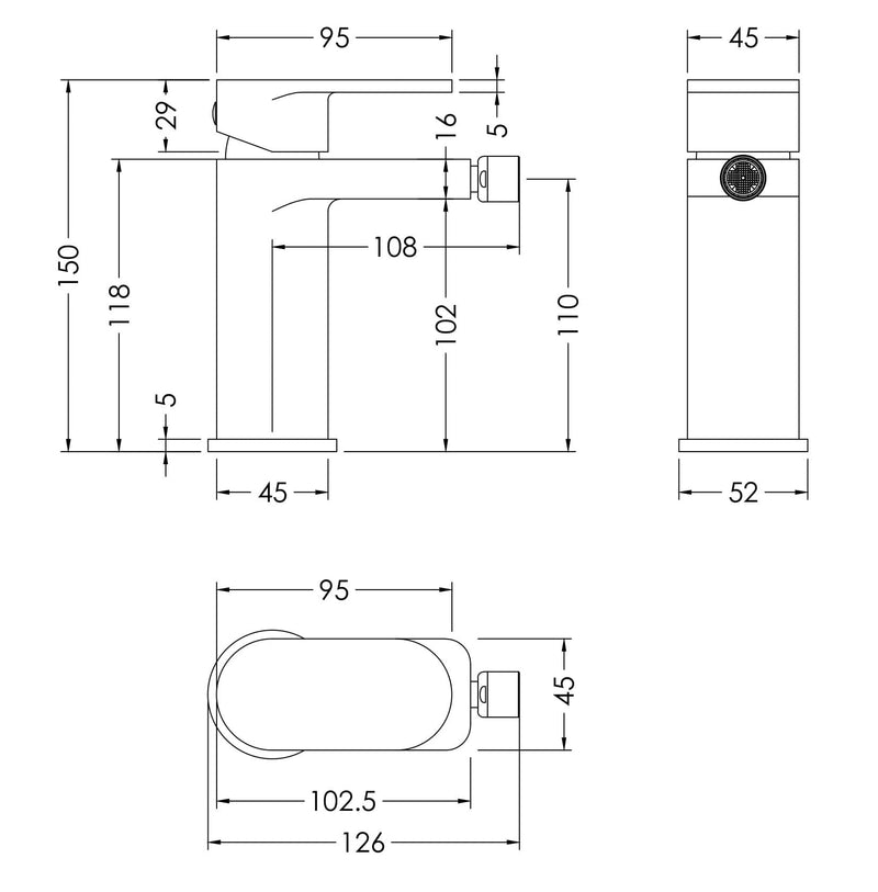 Nuie Binsey Mono Bidet Mixer With Pop Up Waste Chrome dimensions diagram BIN306