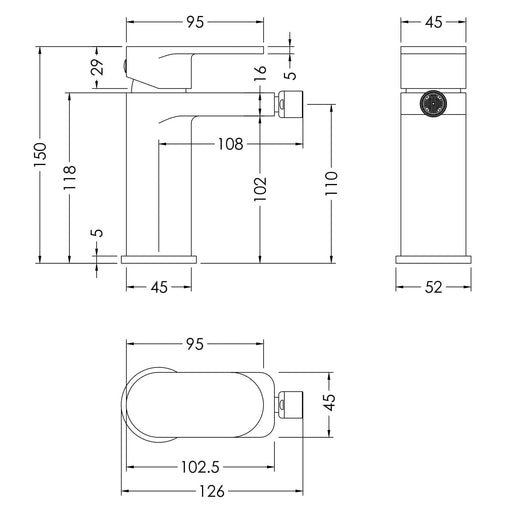 Nuie Binsey Mono Bidet Mixer With Pop Up Waste Chrome dimensions diagram BIN306
