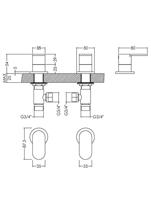 Nuie Binsey 3/4 inch Side Valves Chrome dimensions diagram BIN308