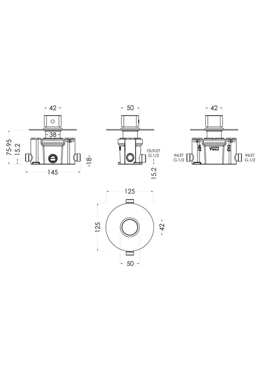 Nuie Binsey Thermostatic Temperature Control Valve Chrome dimensions diagram BINTC11