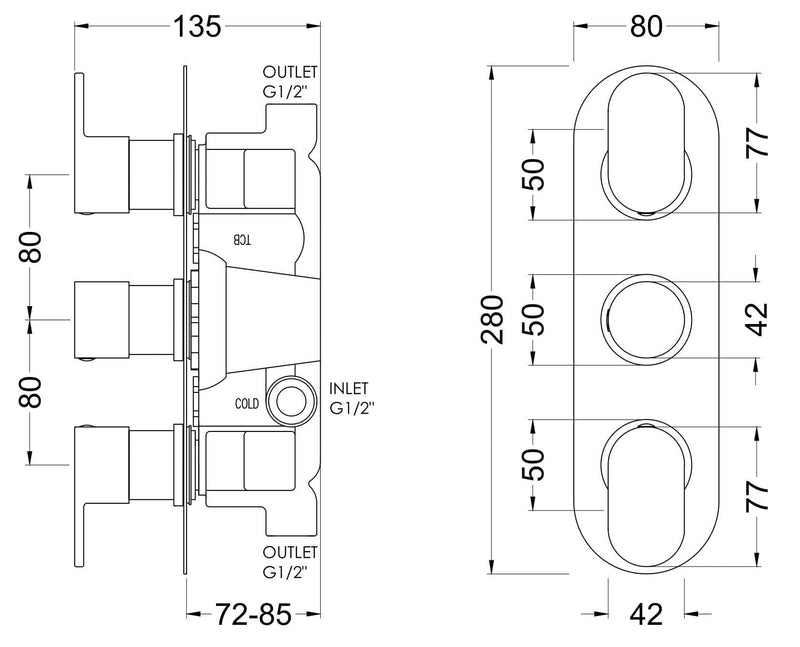 Nuie Binsey Triple Thermostatic Shower Valve Chrome dimensions diagram BINTR02