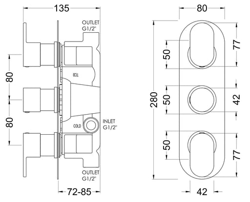 Nuie Binsey Triple Thermostatic Shower Valve Chrome dimensions diagram BINTR02