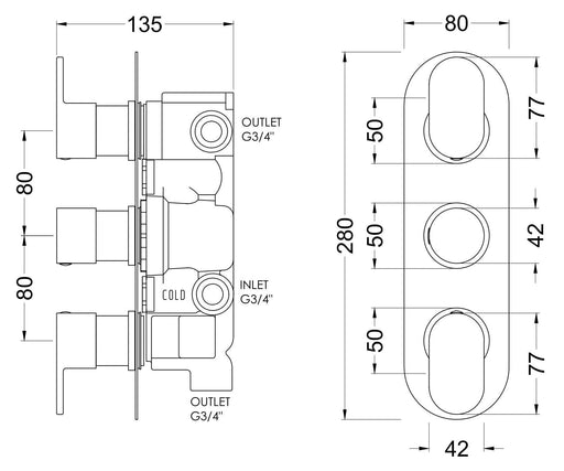 Nuie Binsey Triple Thermostatic Shower Valve With Diverter Chrome dimensions diagram BINTR03