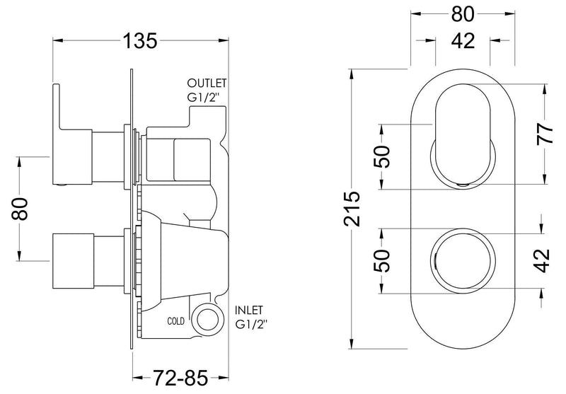 Nuie Binsey Twin Thermostatic Shower Valve Chrome dimensions diagram BINTW01