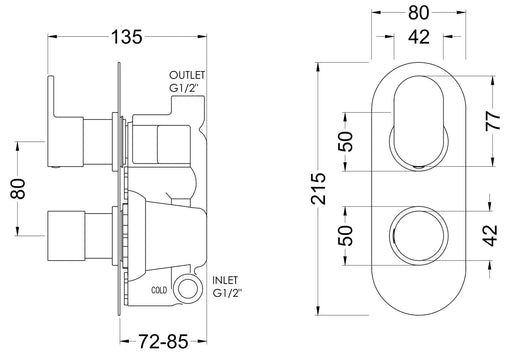 Nuie Binsey Twin Thermostatic Shower Valve Chrome dimensions diagram BINTW01