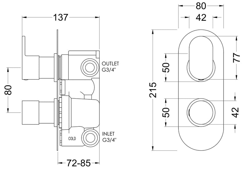 Nuie Binsey Twin Thermostatic Shower Valve With Diverter Chrome dimensions diagram BINTW02