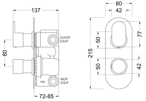Nuie Binsey Twin Thermostatic Shower Valve With Diverter Chrome dimensions diagram BINTW02