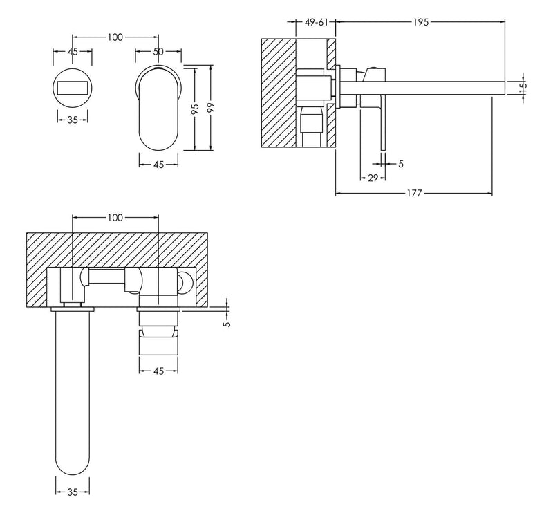 Nuie Binsey Wall Mounted Basin Mixer 2 Tap Hole Chrome dimensions diagram BIN381