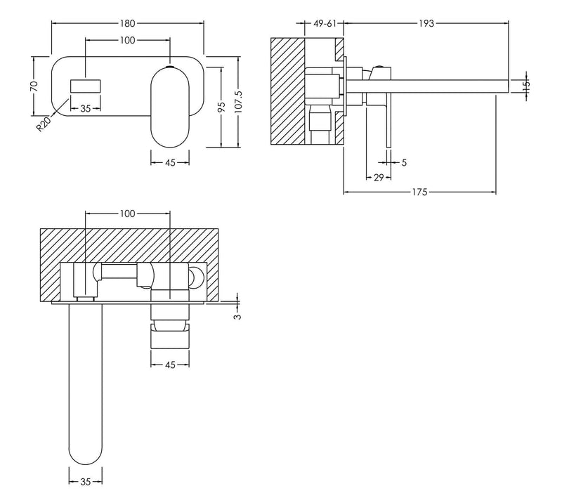 Nuie Binsey Wall Mounted Basin Mixer 2 Tap Hole With Plate Chrome dimensions diagram BIN328