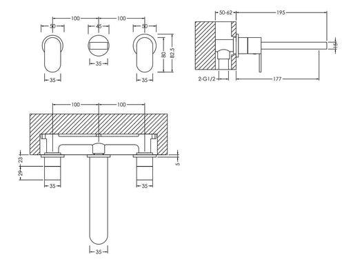 Nuie Binsey Wall Mounted Basin Mixer 3 Tap Hole Chrome dimensions diagram BIN317