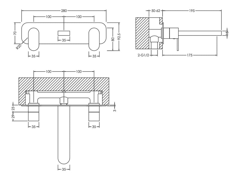Nuie Binsey Wall Mounted Basin Mixer 3 Tap Hole With Plate Chrome dimensions diagram BIN350