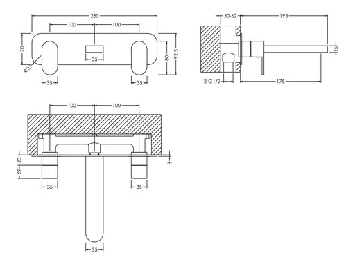 Nuie Binsey Wall Mounted Basin Mixer 3 Tap Hole With Plate Chrome dimensions diagram BIN350