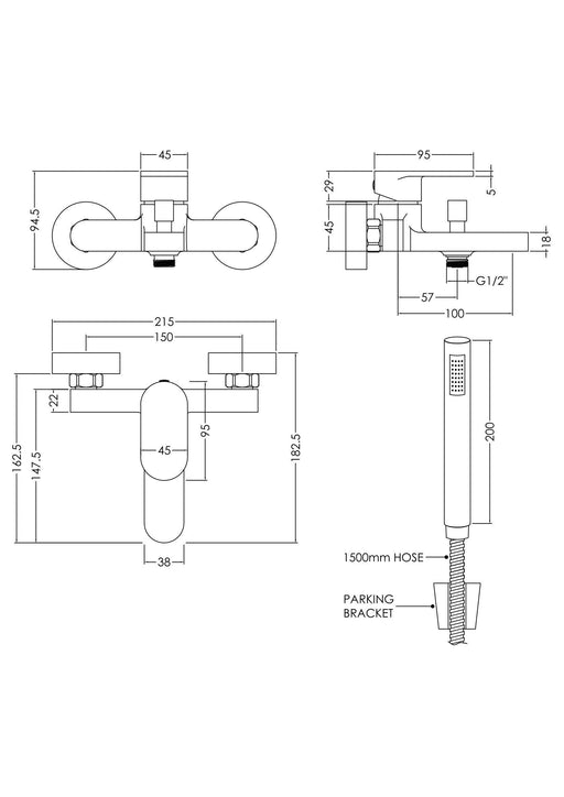 Nuie Binsey Wall Mounted Bath Shower Mixer with Kit Chrome dimensions diagram BIN316