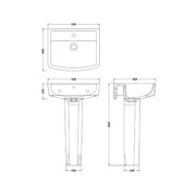 Nuie Bliss 520mm basin and pedestal line drawing with dimensions
