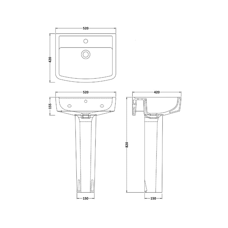 Nuie Bliss 520mm basin and pedestal line drawing with dimensions