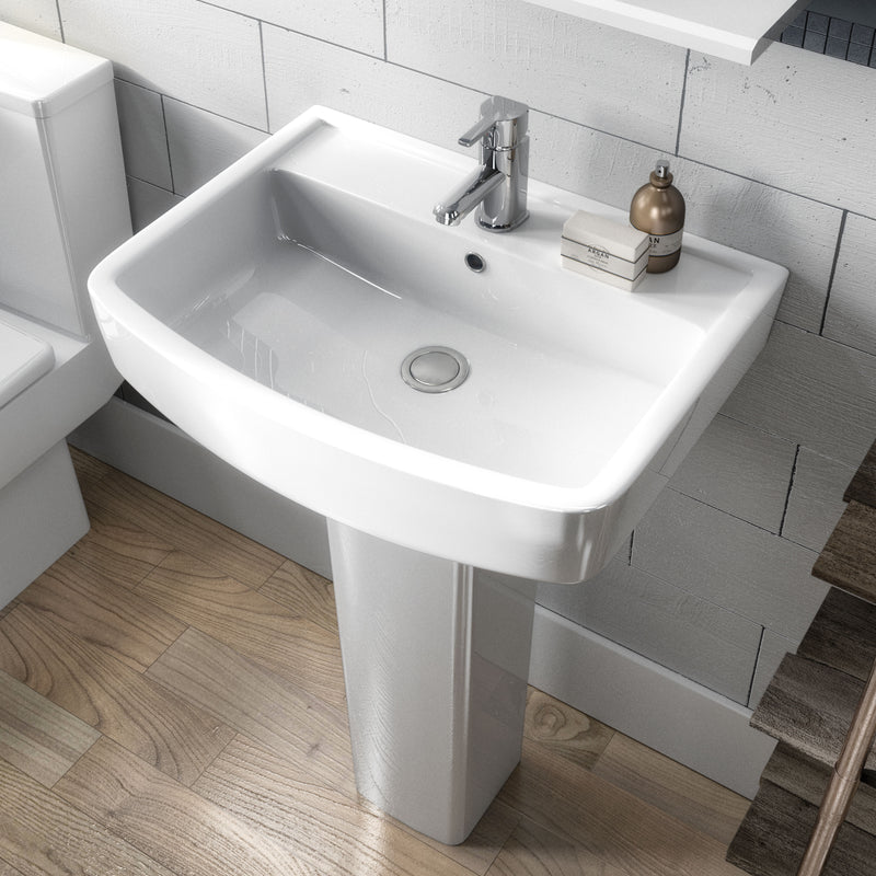 Nuie Bliss 520mm square basin and semi pedestal in a contemporary bathroom