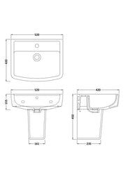Nuie Bliss 520mm basin and semi pedestal line drawing with dimensions
