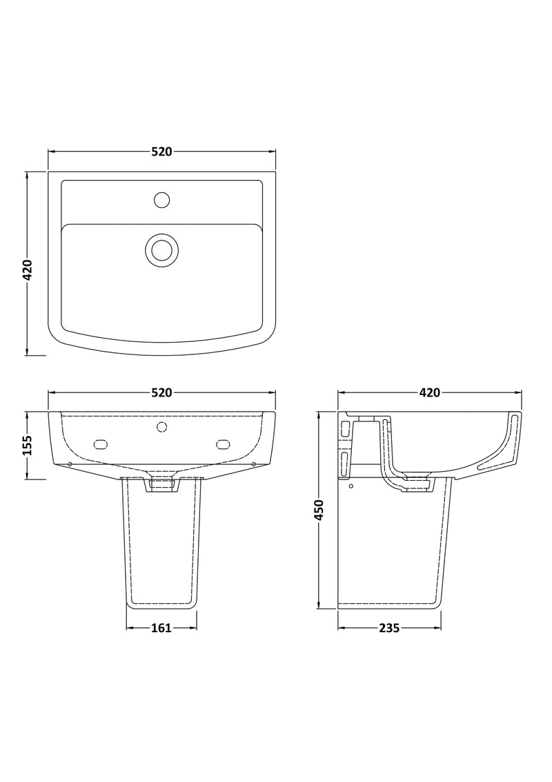 Nuie Bliss 520mm basin and semi pedestal line drawing with dimensions