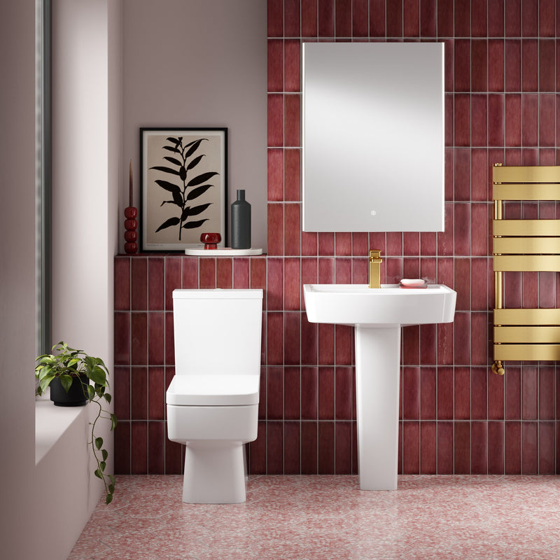Nuie Bliss 600mm square basin and pedestal in a contemporary bathroom